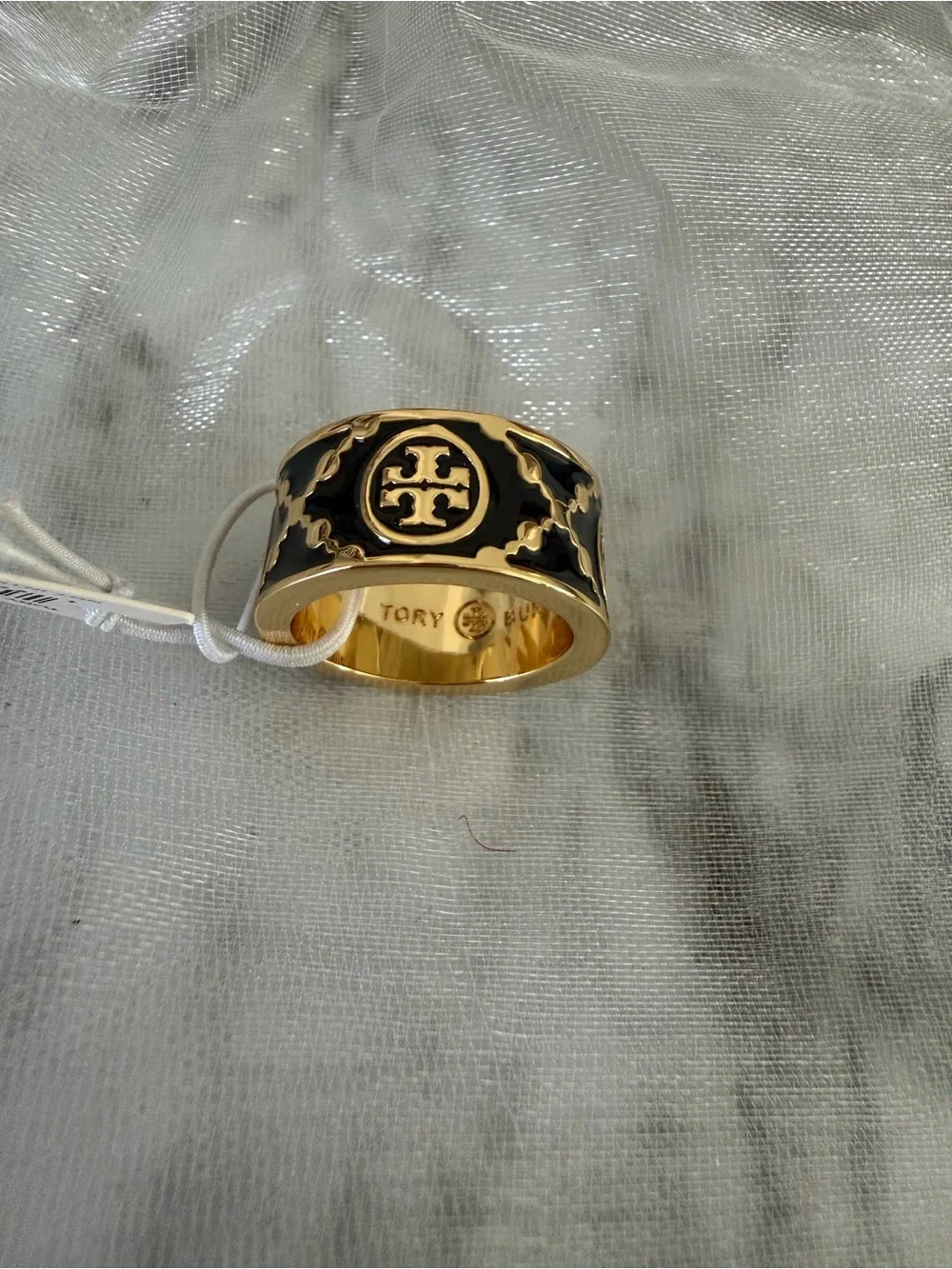 NWT Tory Burch Kira Gold and Black Enamel Ring, Authentic Size 7 with Tag